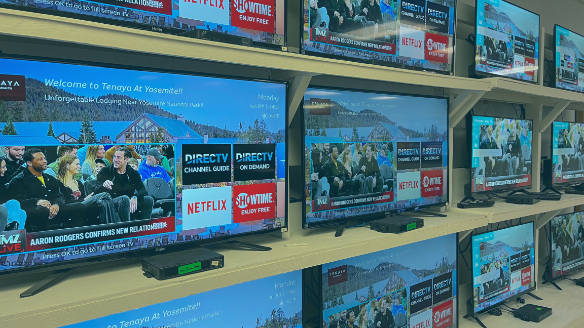 A large number of TV displays.